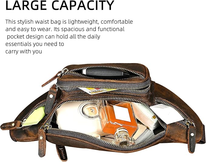 Water Resistant Canvas + Leather Hiking Riding Travel Fanny Waist Pack Small Phone Pouch For Men Women FB811-29 (Dark Brown-346)
