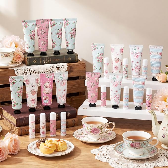 24 Sets Tea Party Favors Mini Hand Cream Lip Balm Bulk Gift Set for Women Wedding Party Favors for Guests Travel Size Hand Lotion Vintage Floral Moisturizing Lip Balm Gifts for Baby Shower