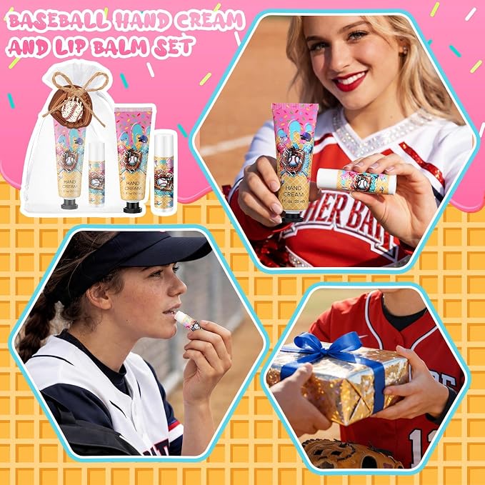 Lounsweer 24 Sets Ice Cream Drip Baseball Hand Cream and Lip Balm Gift Baseball Party Favors Goodie Bag Stuffers Team Gifts Birthday Party Favors for Teen Adults