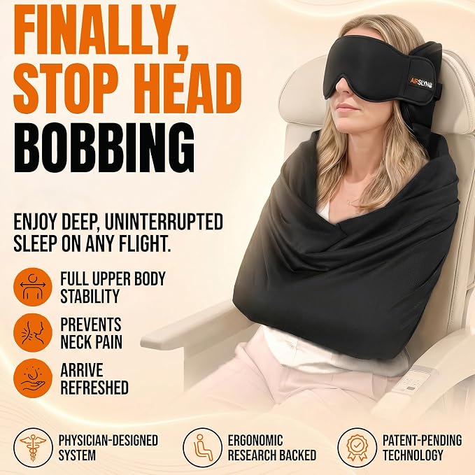 2 Pack 3-in-1 Airplane Sleep Support System - Plane Sleeping Accessories with Memory Foam Long Haul Flight Pillow, Adjustable Travel Eye Mask, and Blanket-Like Body Sling - Fits in Carry On