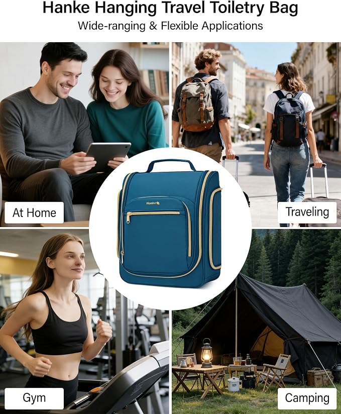 Hanke Hanging Travel Toiletry Bag for Men and Women, Water-Resistant Toiletries Bag Makeup Organizer with Hook, Cosmetic Bag for Bathroom & Travel Essentials Accessories, Navy Blue