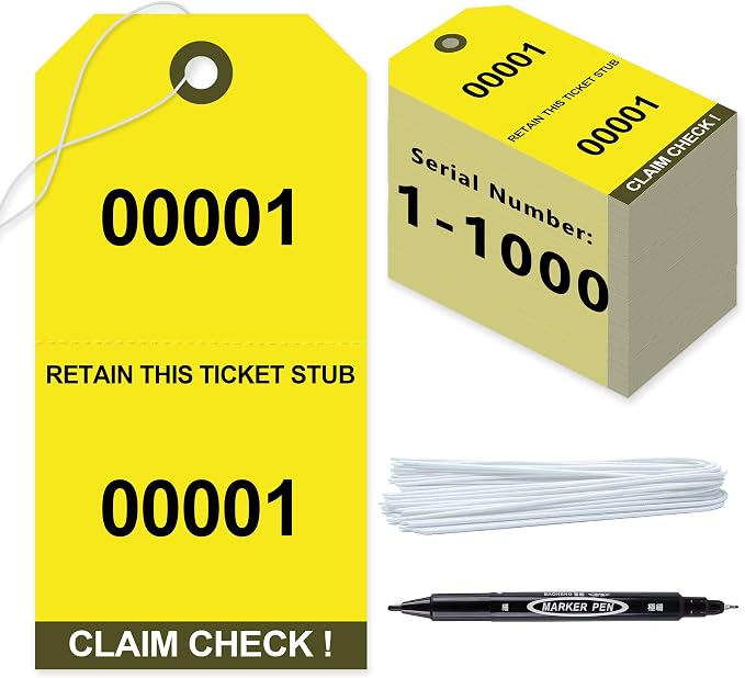 1000 Pcs Duplicate Auto Park Tags (Numbered 1-1000) 4.72" x 2.36" Inch Valet Parking Tickets with Strings Claim Check Tags with Marker for Valet Coat Check and Hotel Luggage Tags (1000, Yellow)