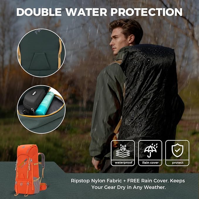 Bseash 65L Waterproof Hiking Camping Backpack with Rain Cover, Outdoor Sport Travel Daypack for Climbing Touring (Orange)