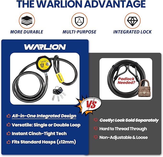 WARLION Heavy Duty Adjustable Cable Lock, 6ft x 3/8" Braided Steel Security Cable, Outdoor Anti-Theft Lock for Bicycles, Scooters, Patio Furniture, Spare Tires, Generator, Cooler, Grill, Ladder