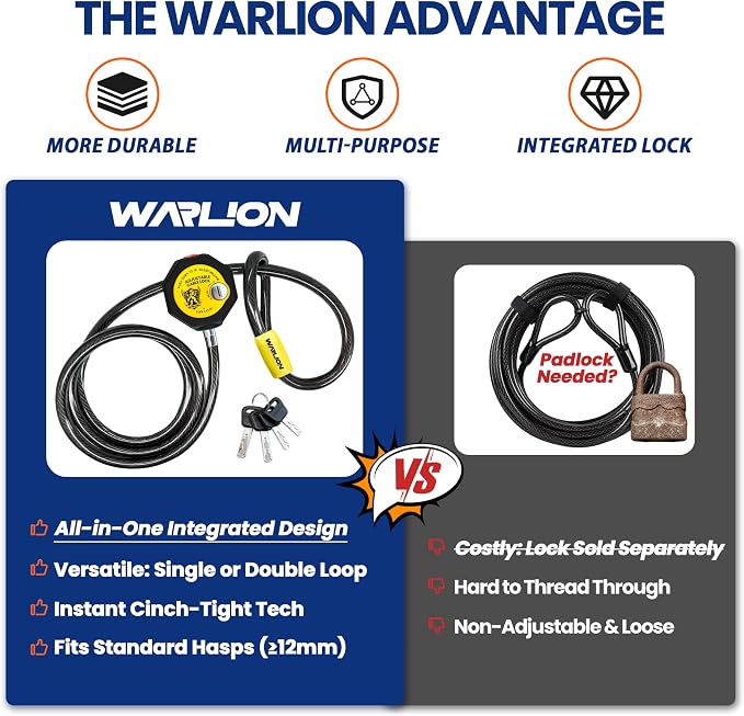 WARLION Heavy Duty Adjustable Cable Lock, 4ft x 3/8" Braided Steel Security Cable with Adjust-Release & Dual Loop, Outdoor Anti-Theft Lock for Bike, Spare Tire, Trail Camera, Cooler, Ski
