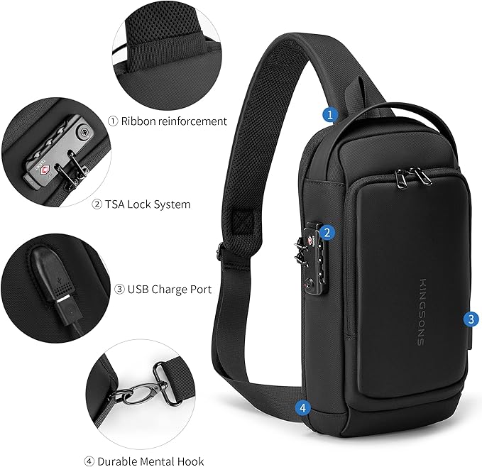 Kingsons Sling Crossbody Bag Anti-theft Chest Shoulder Backpack for Men Waterproof Minimalist Casual Daypack for Travel Gym
