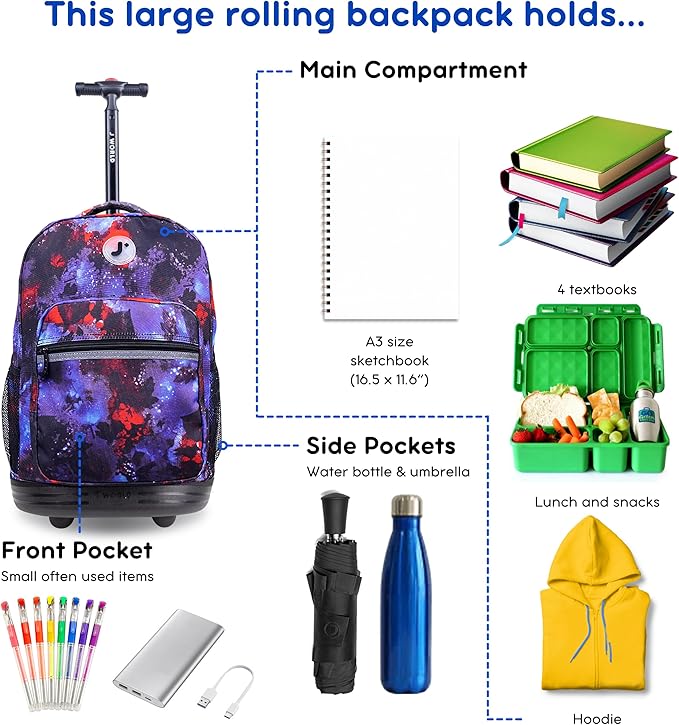 J World Sunrise Kids Rolling Backpack for Girls Boys. Roller Bookbag With Wheels For School, Galax
