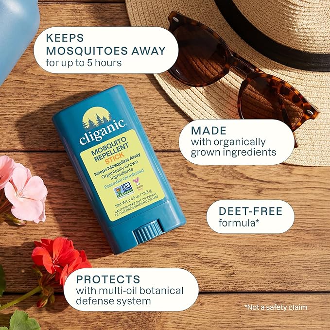 Cliganic Mosquito Repellent Stick for Adults & Kids - 5 Hours of Natural, DEET-Free Protection, Non-GMO Verified, with Organically Grown Ingredients & Essential Oils, Easy to Use Travel Stick
