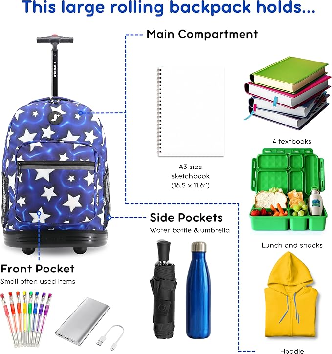 J World Sunrise Kids Rolling Backpack for Girls Boys. Roller Bookbag With Wheels For School, Puffy Star