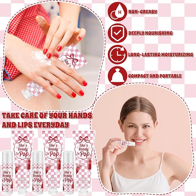 Lounsweer 24 Sets She's Ready to Pop Baby Shower Hand Cream and Lip Balm Gift Red White Checkered Baby Shower Party Favors for Guest Travel Size Hand Lotion Gender Reveal Newborn Party Supplies