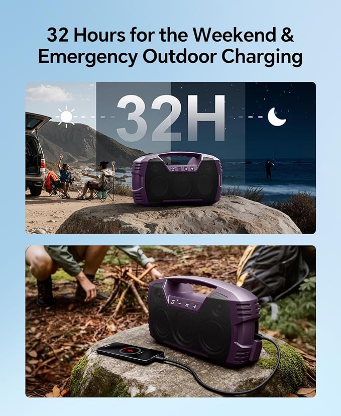 IPX7 Waterproof Outdoor Bluetooth Speaker, Wireless, 90W(Peak), 32H Playtime, Floating Design, Deep Bass & Loud Stereo Sound, Portable with Handle, Rugged for Pool, Beach, Kayaking, Hiking, Purple