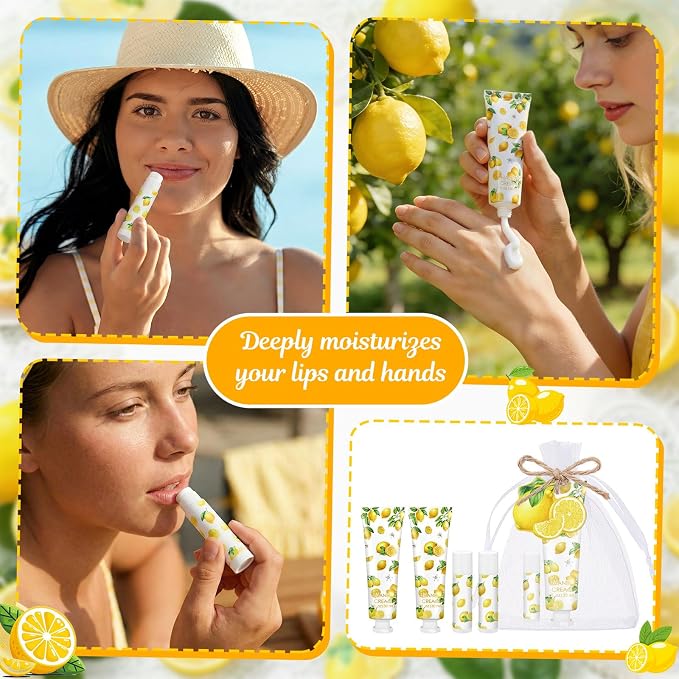 24 Sets Lemon Hand Cream and Lip Balm Gift Bridal Baby Shower Party Favors Travel Size Hand Lotion and Lip Balm Bulk with Organza Bags Tags Wedding Bridal Baby Shower Party Supplies for Guests