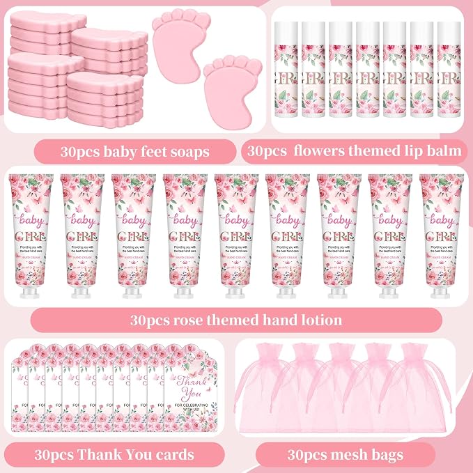 Loopeer 30 Set/150 Pcs Pink Flowers Baby Shower Favors for Guests Gifts Hand Cream Lip Balm Soap Party Favors Travel Size with Bags, Thanks You Card for Games Prizes Souvenirs