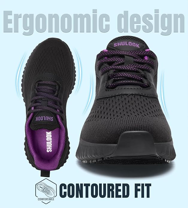 SHULOOK Women's Non Slip Work Shoes Slip-Resistant Kitchen Chef Restaurant Food Service Nurse Shoe Comfortable Mesh Breathable Walking Sneakers Black