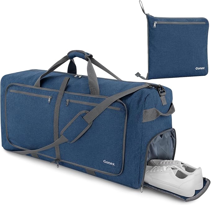 Gonex Large Foldable Travel Duffle Bag with Shoes Compartment, Packable Lightweight Water Repellent Duffel Bag for Camping Gym Weekender Bag