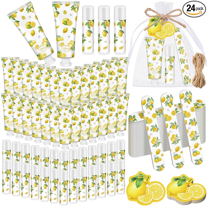 Leelosp 24 Sets Lemon Hand Cream and Lip Balm Bridal Baby Shower Party Favors Bulk Summer Lemon Travel Size Hand Lotion Lip Balm Nail File Gifts Set Bridal Shower Wedding Party Supplies for Guests