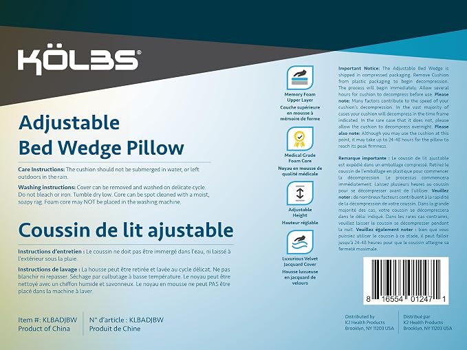 Kolbs Bed Wedge Pillow for Sleep Apnea, FSA Eligible Acid Reflux, and Back Pain Relief, with Chic Jacquard Cover - Headboard Wedges for Sleeping (Adjustable Height Wedge)
