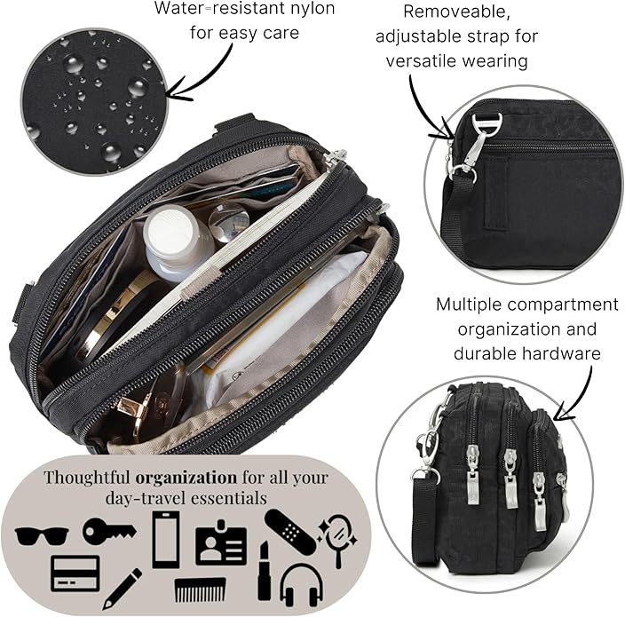 Baggallini Triple Zip Small Crossbody Bag for Women - Lightweight Convertible Fanny Pack Belt Bag