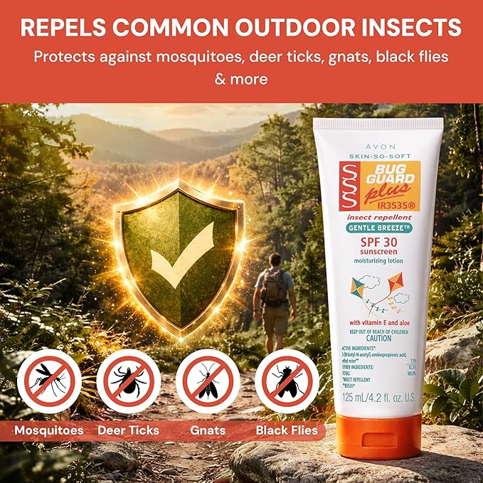 AVON Skin So Soft Bug Guard Plus IR3535 Insect Repellent Moisturizing Lotion — Gentle Breeze SPF 30 Lotion, 2-in-1 Sunscreen & DEET-Free Bug Repellent with Vitamin E & Aloe — Travel Size, 4.2 fl oz