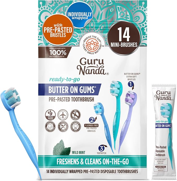 GuruNanda Disposable Travel Toothbrushes with Toothpaste & Toothpick, Prepasted Ready-to-Use Mini Toothbrushes, Fluoride-Free, No Rinse, Soft Bristles, Individually Wrapped, 14 Ct