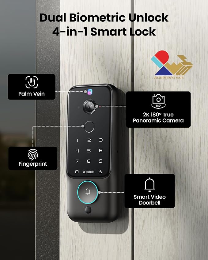 Lockin Venoris Plus - All-in-One Smart Lock for Front Door - Palm Vein & Fingerprint Keyless Entry- 2K 180° Ultra-Wide Camera, Night Vision, Built-In WiFi & 8GB Storage- No Monthly Fee- Dual Batteries