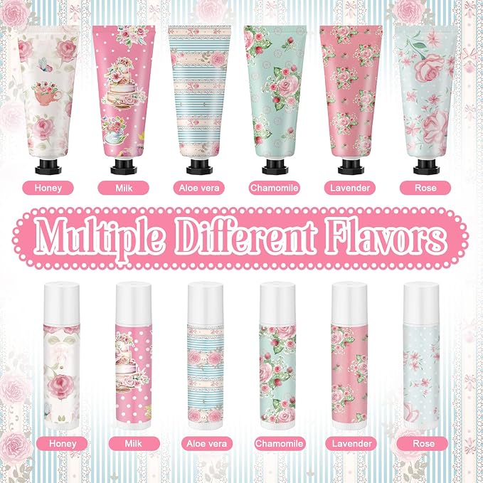 6 Sets Tea Party Favors Mini Hand Cream Lip Balm Bulk Gift Set for Women Wedding Party Favors for Guests Travel Size Hand Lotion Vintage Floral Moisturizing Lip Balm Gifts for Baby Shower