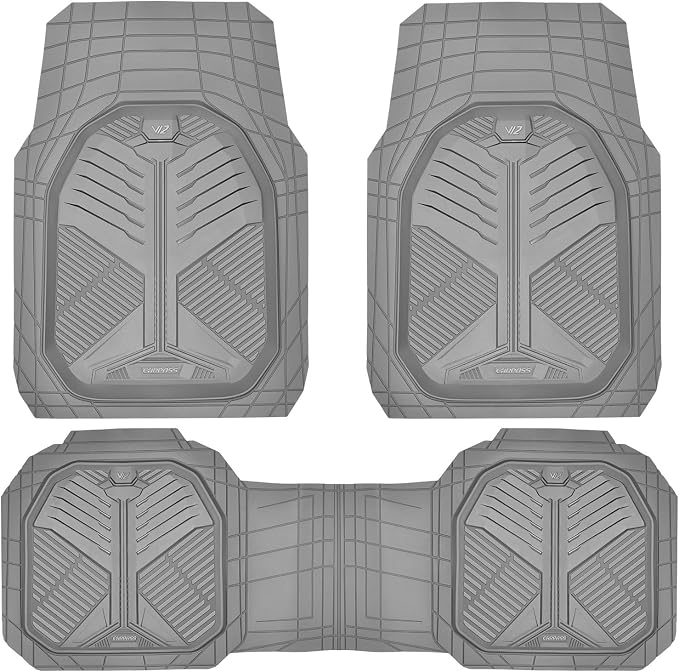 CAR PASS Heavy Duty Rubber Car Mats, Deepdish All Weather Floor Mats for Car Full Set, Universal Automotive Mats Trim to Fit for Sedans SUVs Trucks, Waterproof Anti-Slip Deep Tray 3 Pieces Light Gray