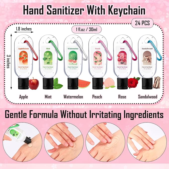 24 Pack Scented Hand Sanitizers Keychain Gift Bulk Travel Watermelon Hand Sanitizer Gel Appreciation Gifts for Coworker Nurse Teacher Women Birthday Gender Reveal Party Supplies Back to School