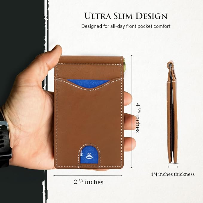 ROGUE WALLET Genuine Leather Minimalist Wallets - RFID Blocking with Money Clip - Interior & Exterior Card Pockets & More - Gift for Men (Tan)