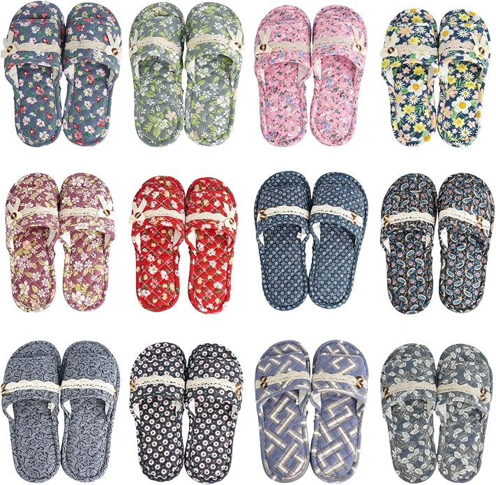 12 Pairs Floral Cotton House Slippers Washable Indoor Cotton Slippers Open Women Toe for Airplane Travel Hotel Guest Spa,2 Sizes