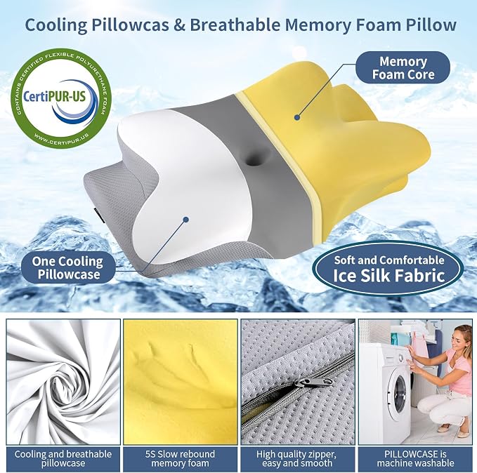 Cervicac了Neck Pillow for Pain Relief - Ergonomic Side Sleeper Pillow for Neck Support, Contour Orthopedic Cervical Pillow for Sleeping, Cooling Memory Foam Pillows for Back Sleepers (Light Grey&White)