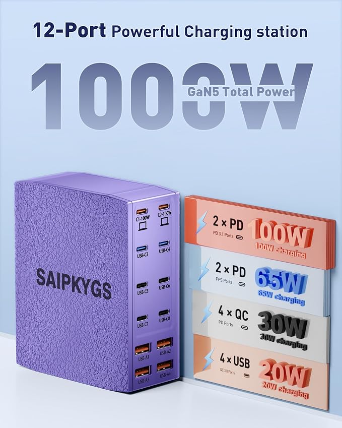 USB Charging Station (1000W),12-Port USB C Charger Block with Dual 100W PD USB-C Fast Charging Station Hub for MacBook Pro/Air/All iPad Phone 17/16 15/14/13/Pro Max/Samsung Galaxy Note(Purple)