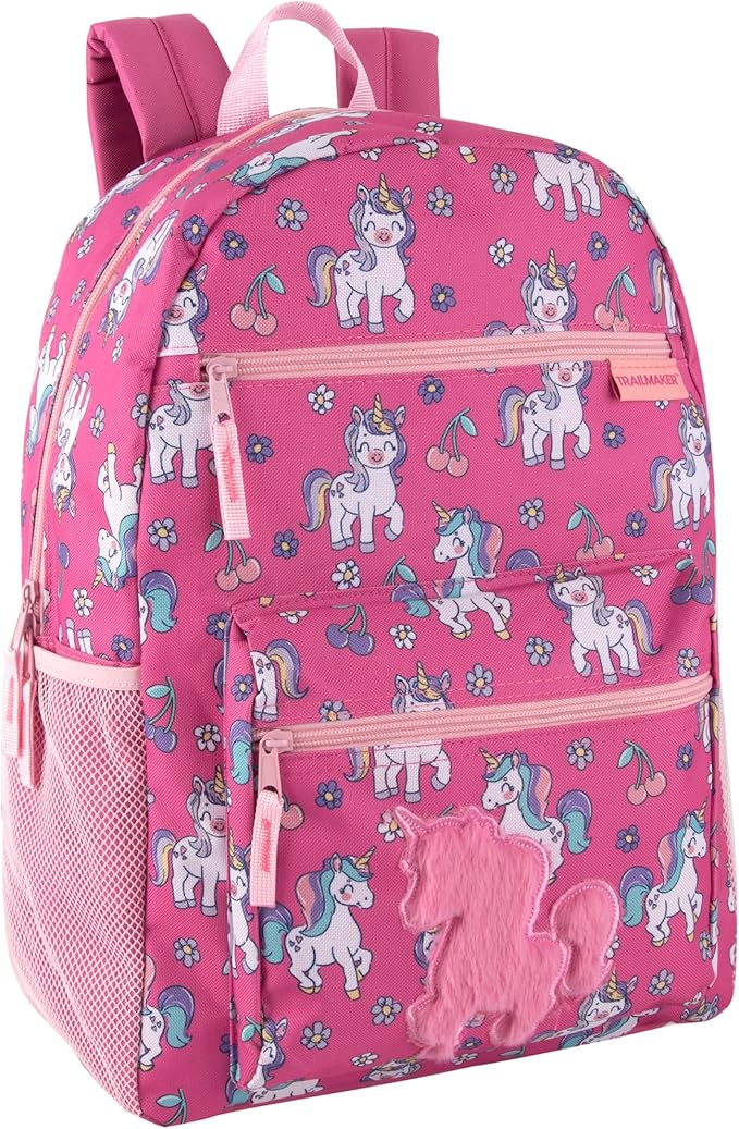 Trail maker 17” Kids Character School Backpacks Plush for Girls with Side Pockets, Padded Straps