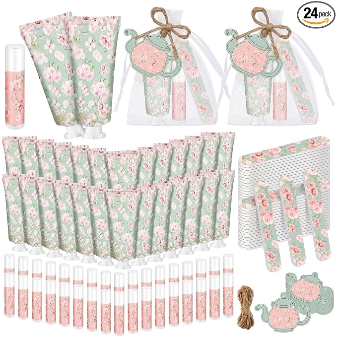 Leelosp 24 Sets Tea Party Hand Cream and Lip Balm Gift for Women Bulk Pink Floral Travel Size Hand Lotion Lip Balm Nail File Gifts Set Bridal Shower Wedding Party Supplies for Guests