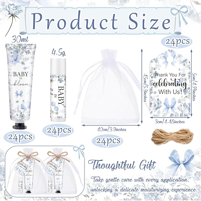 24 Sets Baby in Bloom Hand Cream and Lip Balm Gift Blue Bow Floral Baby Shower Party Favors for Guest Travel Size Hand Lotion and Lip Balm Bulk Babys Shower Birthday Party Supplies