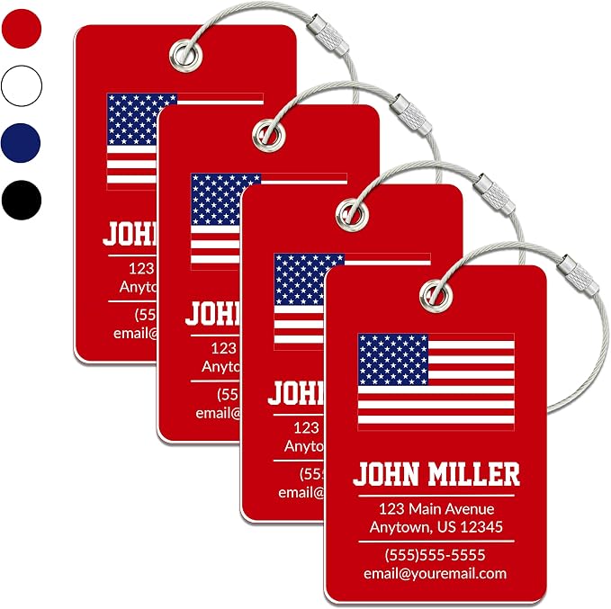 Personalized Luggage Tag with American Flag | 4 Pack | Custom Luggage Tags for Suitcases | Kids Backpack Tag | 4 Color Options & Choose Font, Font Color