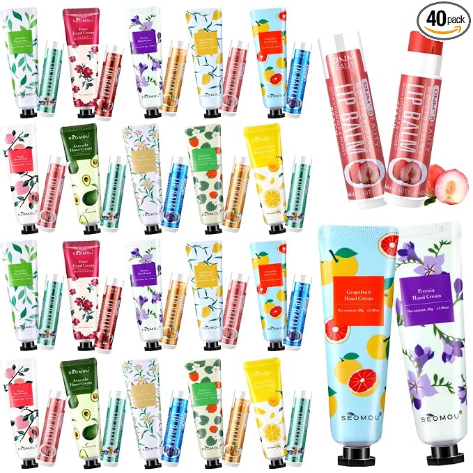 40 Pcs Hand Cream Bulk and Lip Balm Bulk Gift Set Scented Hand Lotion for Dry Skin Travel Lip Moisturizer Gifts Lip Gloss Bulk for Women Coworkers Bridal Shower Gifts Party