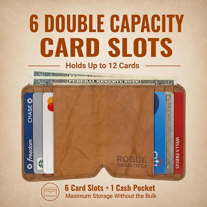 ROGUE WALLET Angler Front Pocket Wallet for Men - Slim, Compact Leather Card Holder with ID Window - Minimalist Front-Pocket Wallet for Cash, Cards & Travel Essentials (Tan)