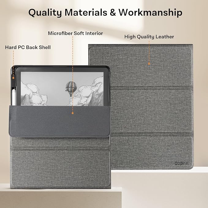CoBak Case for 11" Kindle Scribe 3rd Generation 2025, Kindle Scribe Colorsoft with Two Viewing Angles - All New PU Leather Cover with Auto Sleep Wake, Pen Holder. Fabric Gray