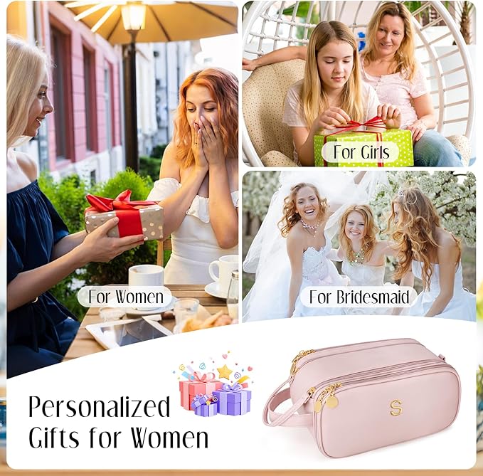 Gifts for Women Teen Girls Large Capacity Initial Travel Makeup Bag, 3-Compartment Cosmetic Organizer with Clear Brush Holders, Large Opening Waterproof Toiletry Bag, Pink,S
