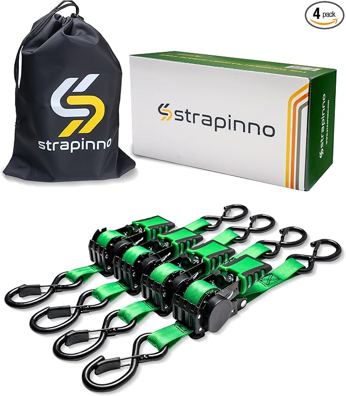 Strapinno 4pcs Retractable Ratchet Straps Bundle 1in x 6ft Ratchet Tie Down with Rubber Coated Steel Handle, S Hooks, Breaking Strength 1500 lbs Each (Green Strap, Black Coated)