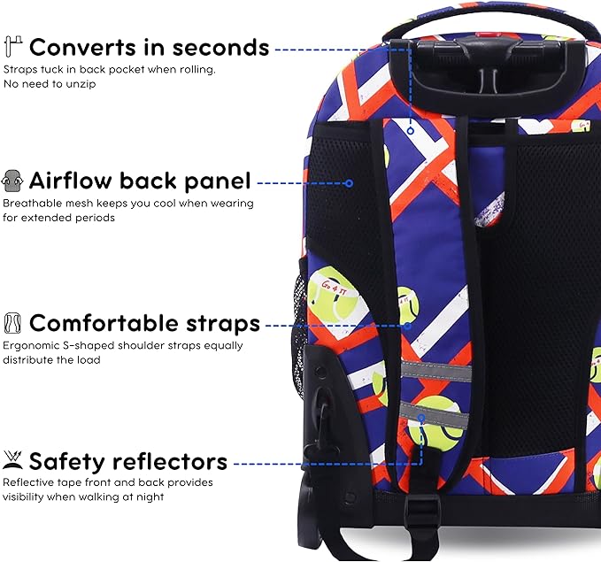 J World Sunrise Kids Rolling Backpack for Girls Boys. Roller Bookbag With Wheels For School, Tennisy