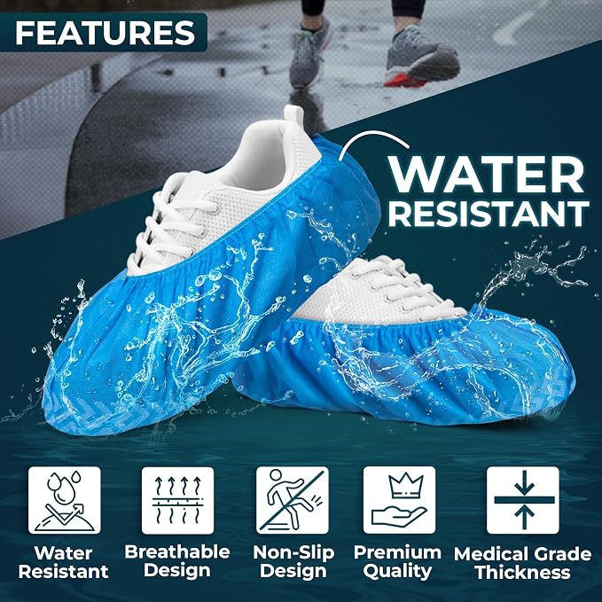 Blue Shoe Guys Premium Disposable Boot & Shoe Covers Booties | 100 Pack | Durable, Non-Slip, Non-Toxic, Water Resistant, Recyclable Protectors for Indoor & Outdoor | Large Size Fits Most Shoes