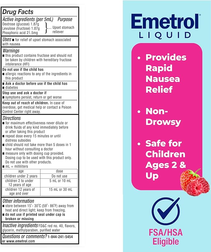 Emetrol Children's Non-Drowsy Nausea Relief - Liquid Nausea Medicine for Upset Stomach - Nausea Relief for Kids - Mixed Berry Flavor - 4fl oz
