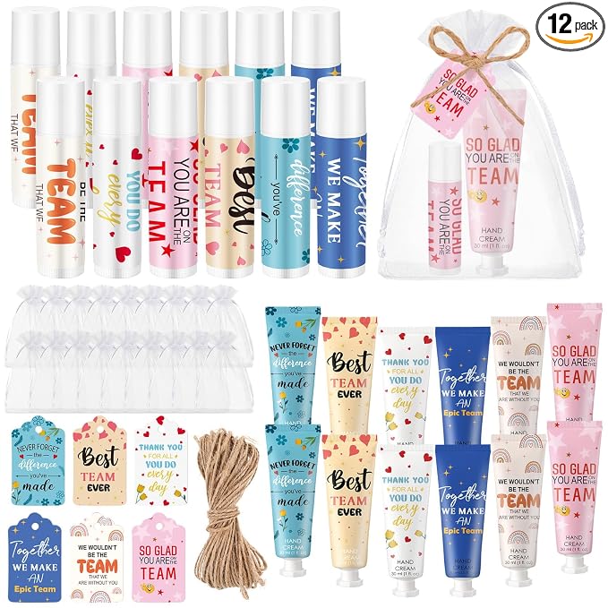 12sets/48pcs Best Team Ever Gifts Team Appreciation Thank You Gifts for Coworkers Women Employee Appreciation Gift Party Favors Basket Stuffers Items Travel Hand Lotion and Lip Balm Set
