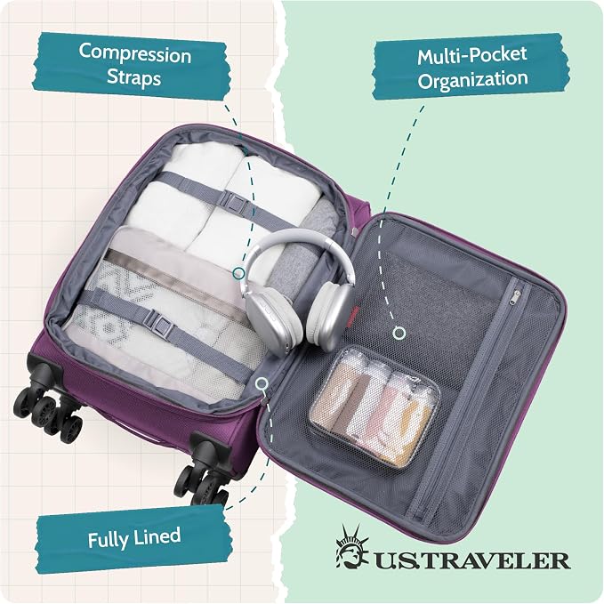 U.S. Traveler Rio Lightweight Softside Rolling Carry-on Suitcase, 4-Wheel Set, Purple