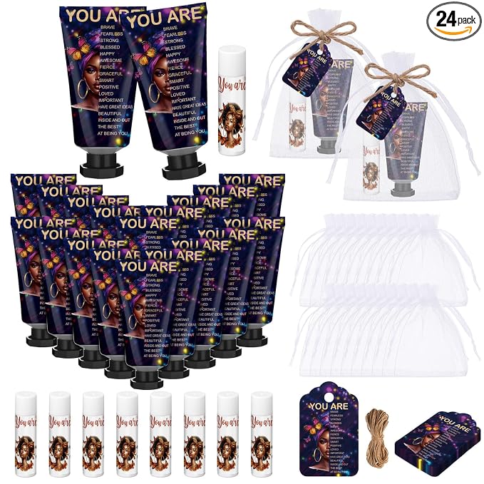 24 Sets Christian Graduation Gifts Hand Cream and Lip Balm Bulk Teacher Appreciation Gifts Bible Verse Thank You Cards with Organza Bag for Graduation Supplies(African American)