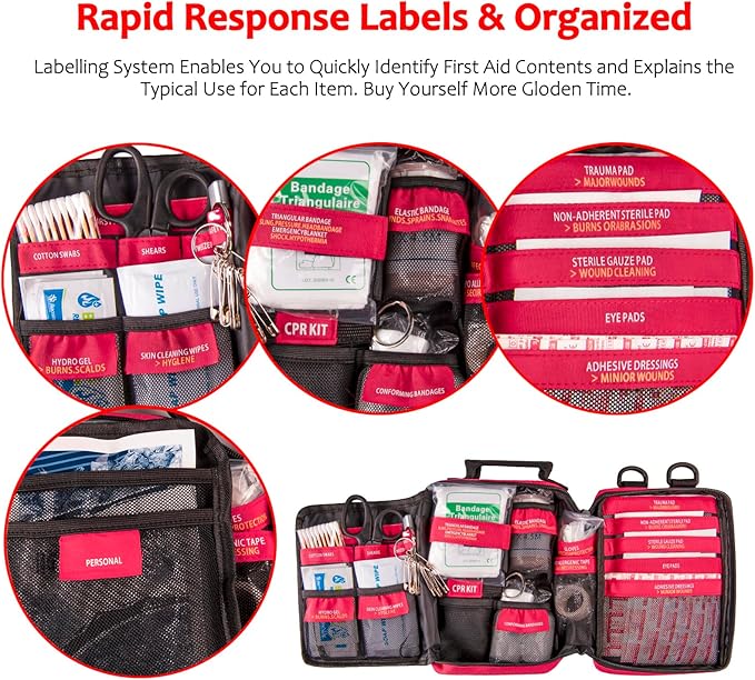 First Aid Kit with Rapid-Response Labeled Compartments, Compact Waterproof Emergency Kit with Molle Straps for Car, Camping, Home, Hiking, Travel