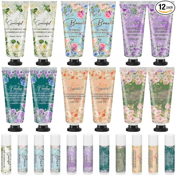 Loopeer 12 Sets Graduation Christian Hand Cream and Lip Balm Gift Set Christian Gift Bulk for Women Mothers Day Gifts for Church Travel Size Hand Lotion Bible Verse Lip Balm Bulk for Bridal Mom
