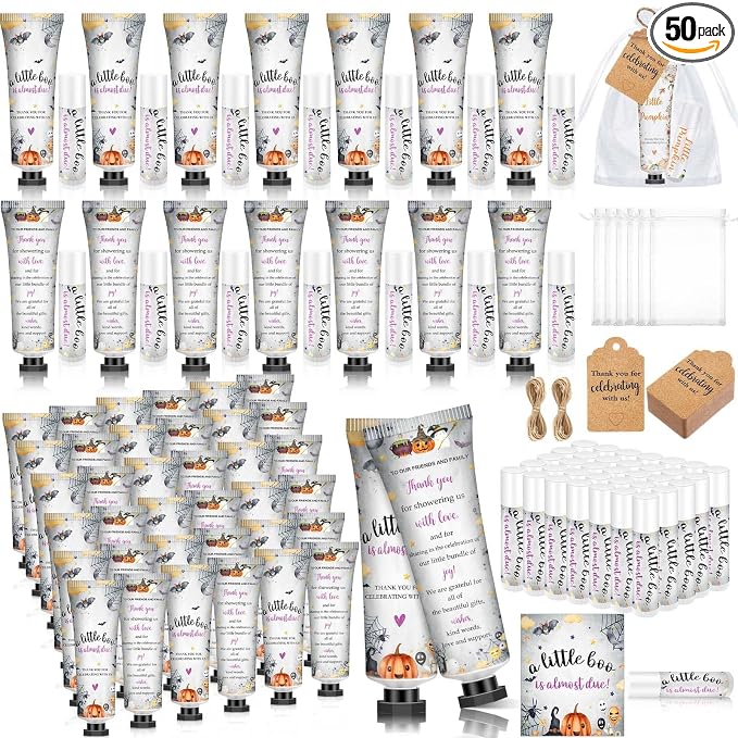 50 Sets 200 Pcs Baby Shower Hand Lotion and Lip Balm Gift Theme Baby Shower Party Favors Travel Size Hand Lotion and Lip Balm Bulk with Organza Bags Tags(Halloween Little Boo)